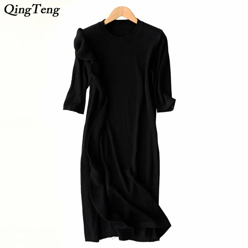 Knitted Wool Cashmere Women Sweaters And Pullovers Long Ruffled Half Sleeve O Neck Split Slim Warm Women Dress Autumn Winter