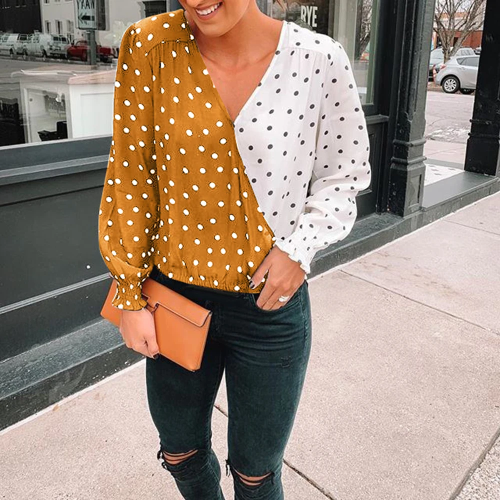 

Patchwork Tops Polka Dot Blouse Long Sleeve V-neck Casual Women Shirt