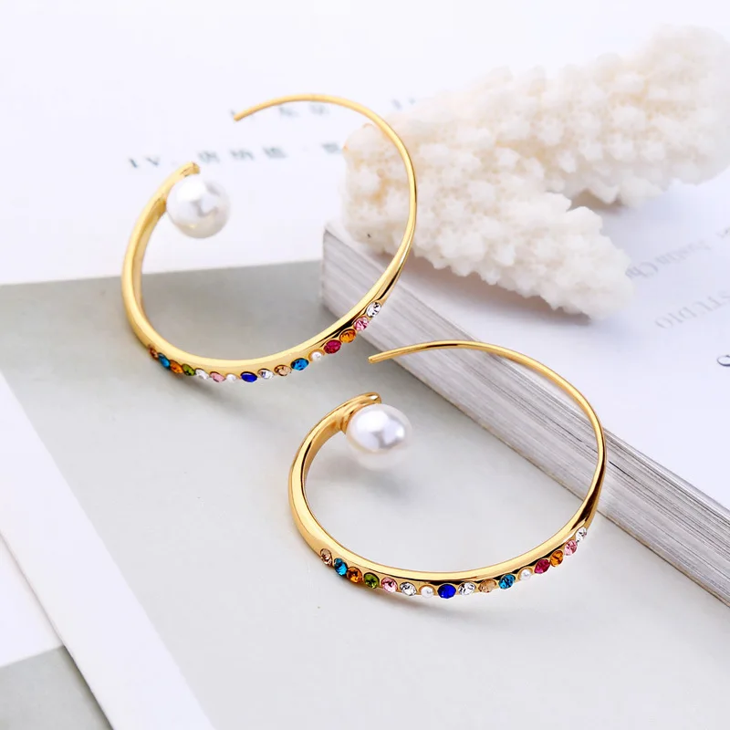 

2019 women's hoop earrings gold color with candy color crystal with pearl sweet elegant party holiday accessories for ladies