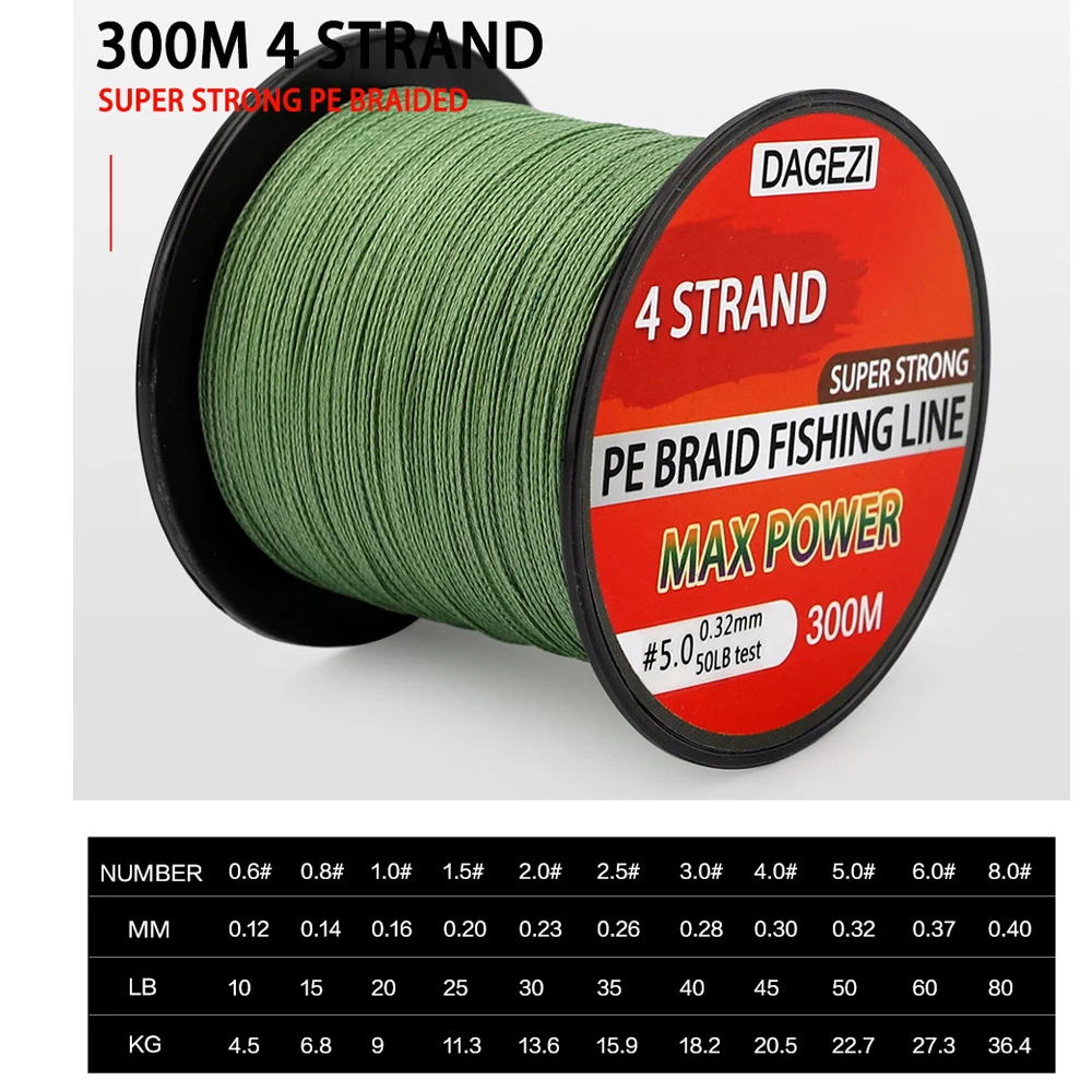 Dagezi 10-80lb 4 حبلا يحوك مضفر خط الصيد 300 متر خطوط المتعددة الشعيرات 100% pe مضفر الصيد سوبر قوية منخفضة الذاكرة