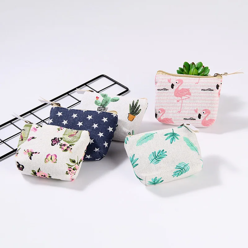 

Popular Women Flamingo Cactus Pattern Coin Purse Zip Bag Cute Cartoon Coin Bag Key Case Mini Wallet Canvas Portable Small Bags