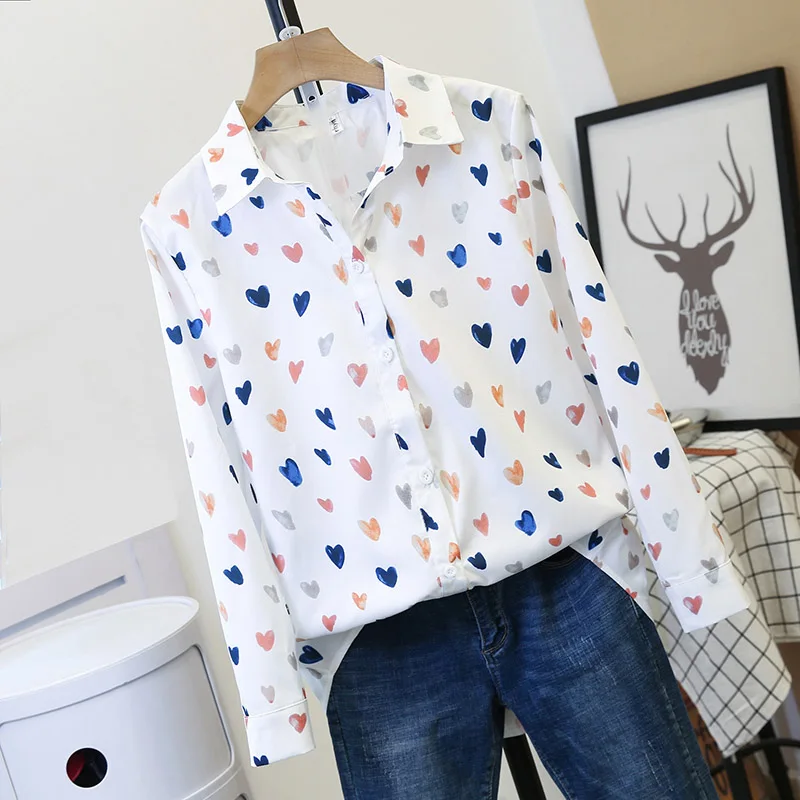 Heart Printing Blouse Korean Causal Shirt Summer Turn down Collar Shirts Woman Blusas Tops|Блузки| |