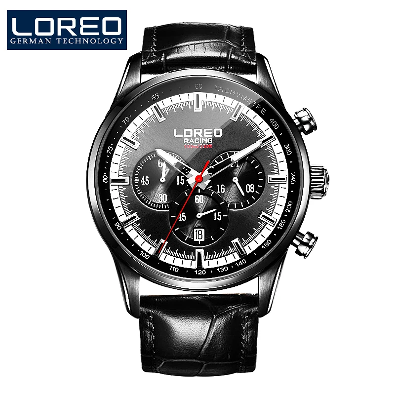 LOREO Racing series speedmaster military quartz watch multifunction Chronograph black Leather band relogio masculino