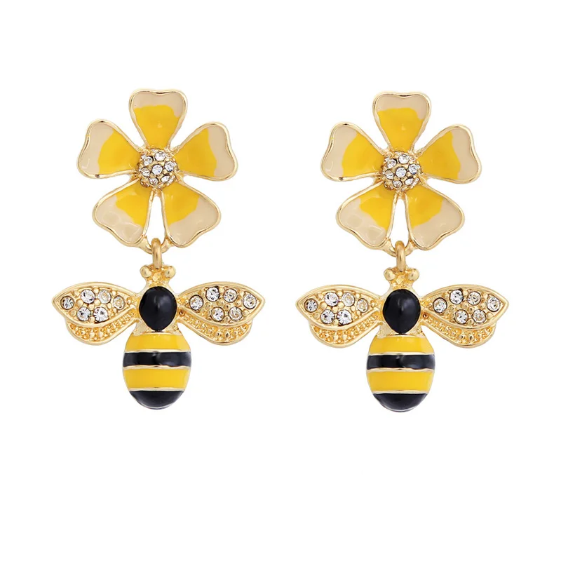 

ed01013c 2018 New Yellow Color Enamel Flowers Bee Insect 925 Silver Needle Drop Earrings for Girls Women Jewelry