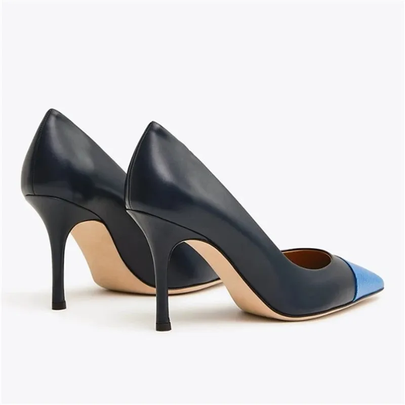 Черные и синие туфли-лодочки с острым носком в стиле пэчворк; пикантные туфли-лодочки на высоком каблуке-шпильке без застежки; женская обувь; дизайнерская Офисная Женская обувь