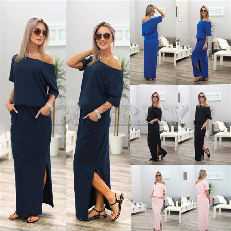 

2019 New Sexy Summer Loose Casual Solid Color Long Dress Half Sleeve CUERLY Neck Off Shoulder Ankle Length Cotton Straight Dress