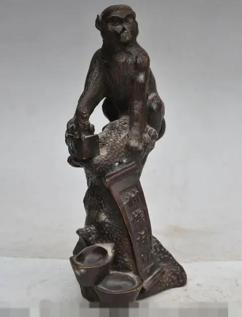 

S02577 10" Chinese fengshui Bronze Wealth YuanBao Monkey foo dog Lion Seal lucky Statue (B0413)