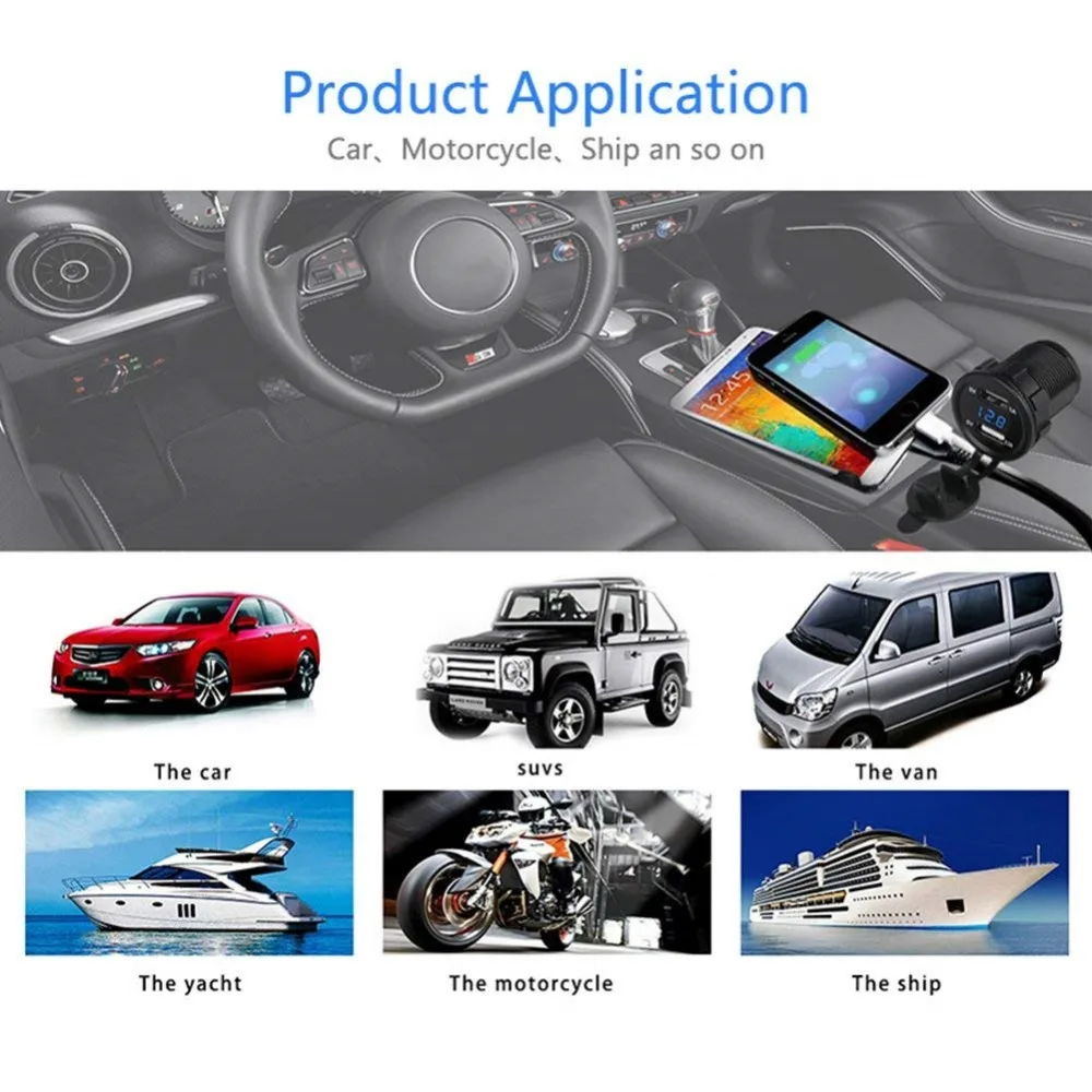 Dual USB Charger Socket car 3.1A Dual Port Power Outlet with LED Voltmeter & Wire Fuse for Car Boat Marine Motorcycle 12-24V08