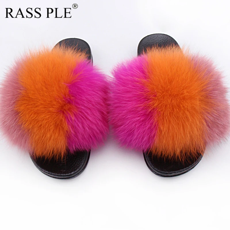 

RASS PLE Plus Size Fur Slippers Mixed colors Open Toe Real Fox Fur Beach Slides 2018 Women's Furry Flip Flops Fox Hair Shoes