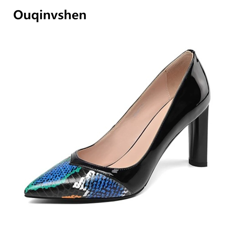 

Ouqinvshen Genuine Leather High Heel Shoes Sexy Mixed Colors Autumn Spring Shallow 2019 New Ladies Pumps Pointed Toe Black Heels