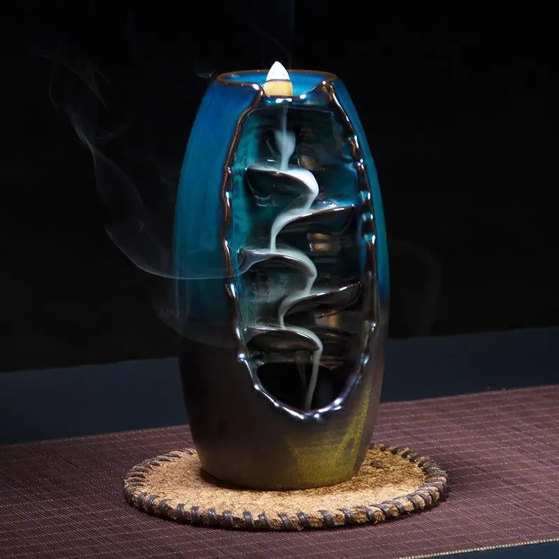 Керамическая ароматическая печь для благовоний с обратным потоком, ароматическая печь для дома, офиса, Буды, декоративные благовония, дорожный конус-башня, держатель для благовоний - Цвет: Blue