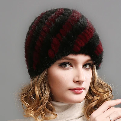 Женская меховая шапка FURTALK, мягкая шапка-бини из натурального меха норки, вязаная меховая шапка в русском стиле, зима - Цвет: black red