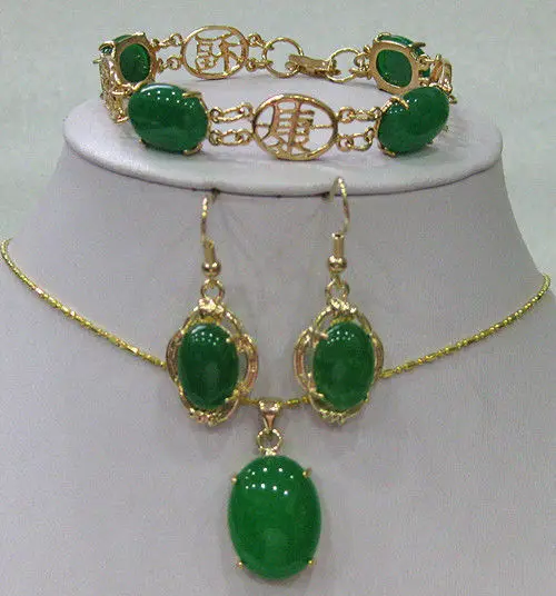 Beautiful inlay 18KGP green jade bracelet earrings pendant necklace Set