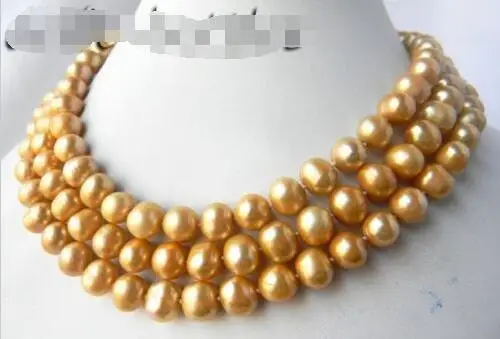 

Free shipping hot sale Women Bridal Wedding Jewelry >>50'' 10MM Golden Round Freshwater Pearl Necklace