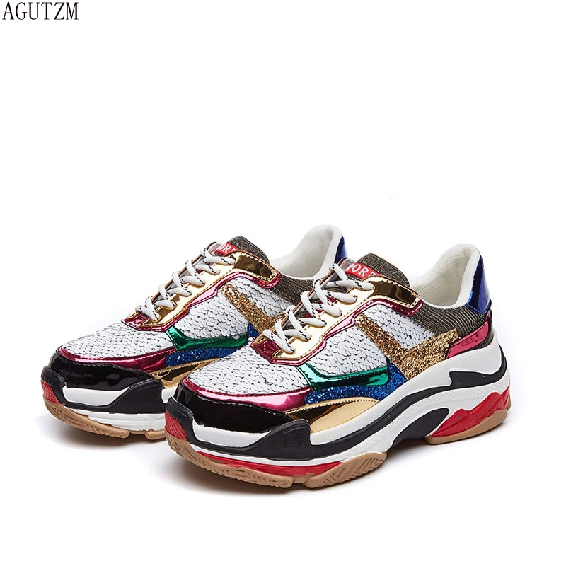 Женские кроссовки с блестками дышащие на платформе перекрестной шнуровкой и