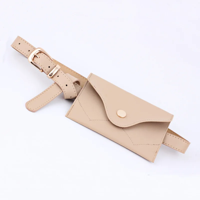 Fashion Women Fanny Pack Simple Vintage Mini Adjustable Phone Purse Key card Envelope bag high quality PU Leather Waist Bag - Цвет: Khaki Gold buckle