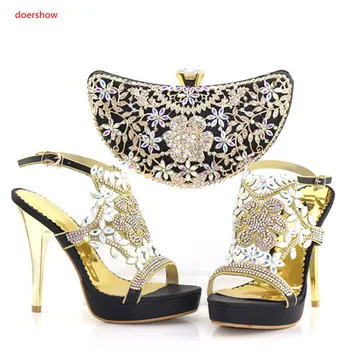 

doershow Italian Shoes And Bag Set Wholesale 2018 Cheap Wedding Shoes and Matching purse for women Party black color SAB1-23