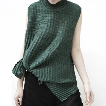 

Changpleat 2018 Summer sleeveless Women T-shirts Miyak Pleated High-end fashion original design high collar Female T-shirt Tide