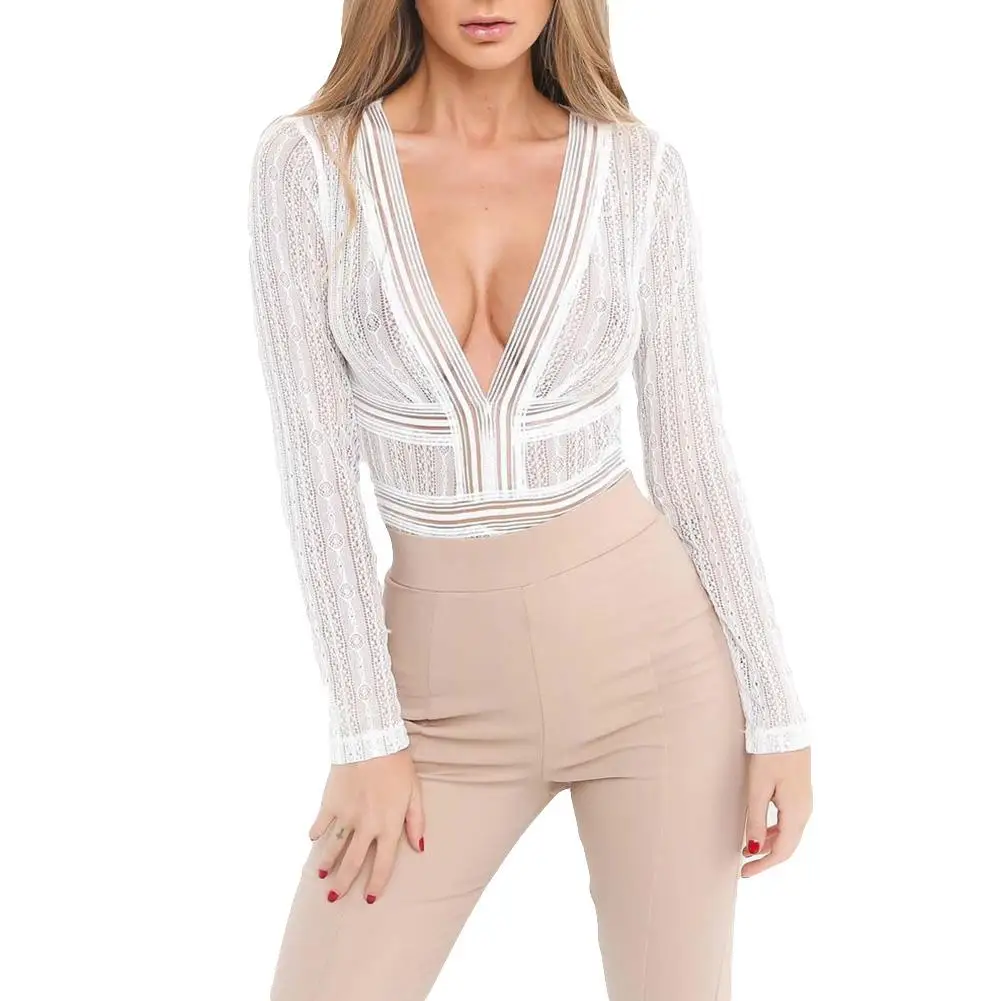 

Sexy Women Sheer Lace V Neck Long Sleeve Solid Color Backless Bodysuit Romper