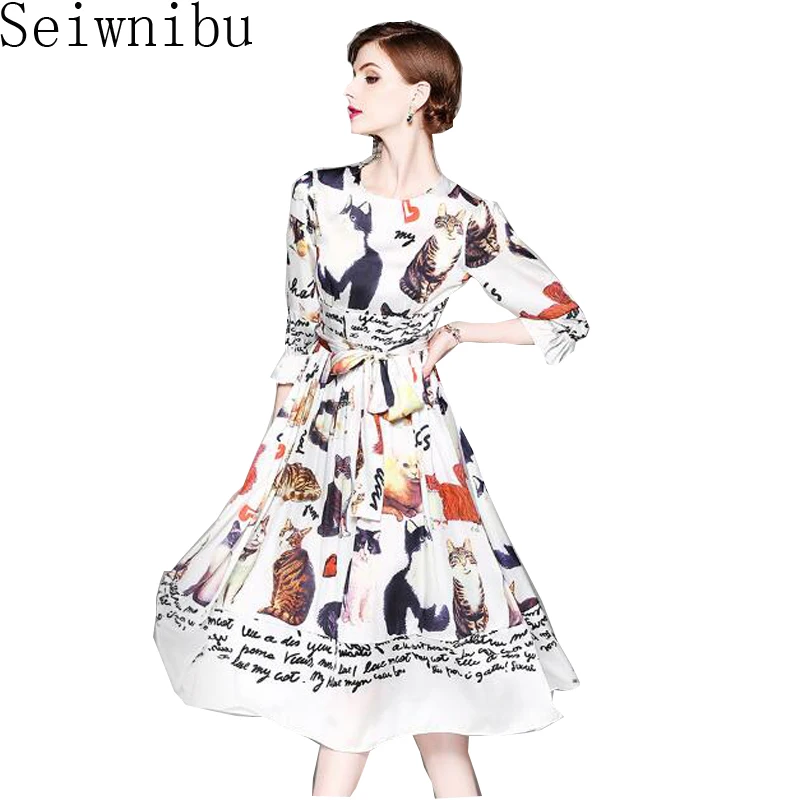 

Seiwnibu High Quality New 2018 Fashion Designer Runway Dress Women's Three Quarteer Casual Animal Cat Letter Printing Dress