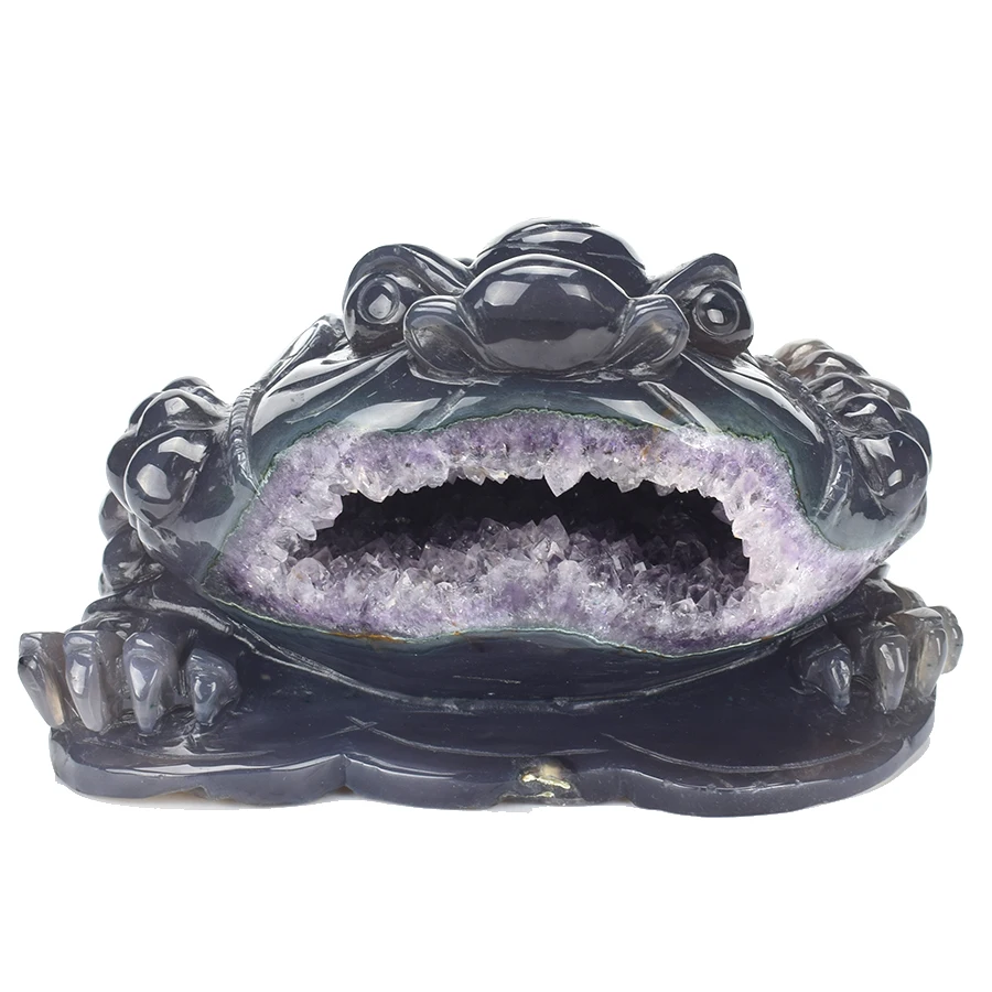 

7'' Toad Statue Natural Agate Geode Healing Animal Sculpture as Christmas Gift Feng Shui Money Fortune Wealth Home Office Decor