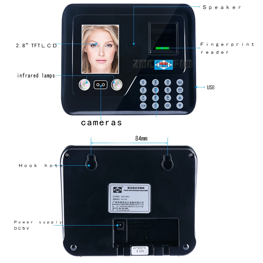 2.8 "tft сенсорный экран отпечатков пальцев + пароль + Уход за кожей лица распознавания посещаемости машины времени Посещаемость Часы