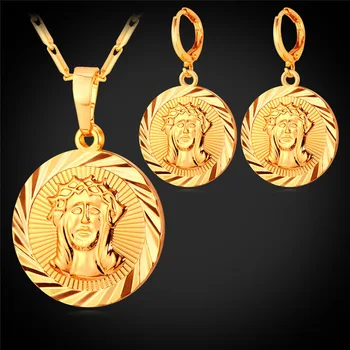 

Jesus Christian Jewelry Set Women Gift Drop Earrings Gold/Silver Coin Earring And Pendant Necklace Sets PE1179