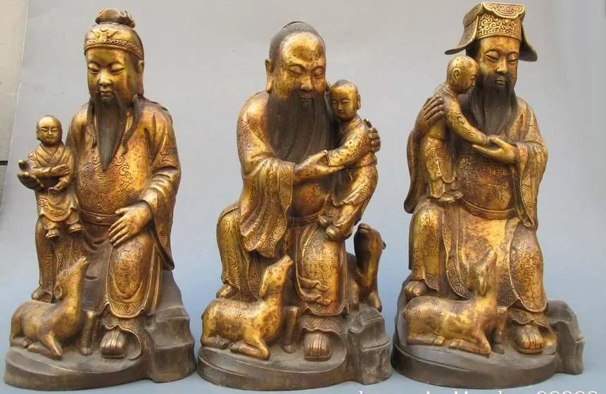 

China Buddhism Fane Old Bronze Three Longevity God Buddha Set Statue free shipping