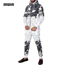 SHUJIN осень зима камуфляж печати мужские костюмы Повседневный Спортивный костюм комплект из двух предметов толстовки на молнии с капюшоном куртка брюки