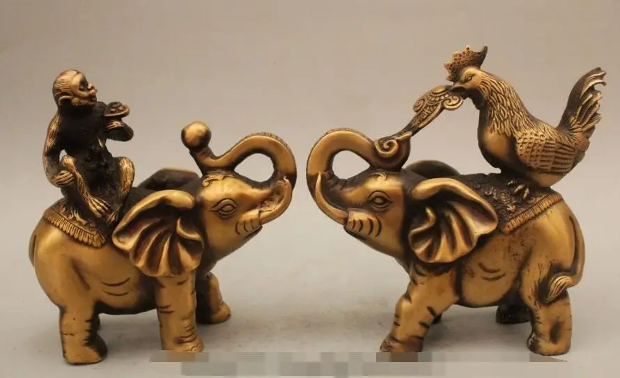 

S03115 8" Chinese Fengshui Bronze Zodiac Year Monkey Rooster Ride Elephant Statue Pair (B0413)