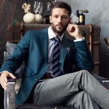 Новое поступление синий Блейзер серый Брюки для девочек 2 шт. итальянский Костюм Джентльмена Мужская Свадьба Пром Костюмы красивый Жених Смокинги для женихов