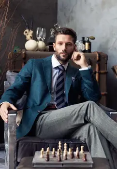 

2016 New Arrival Blue Blazer Gray Pants 2 Pieces Italian Gentleman Suit Mens Wedding Prom Party Suits Handsome Groom Tuxedos
