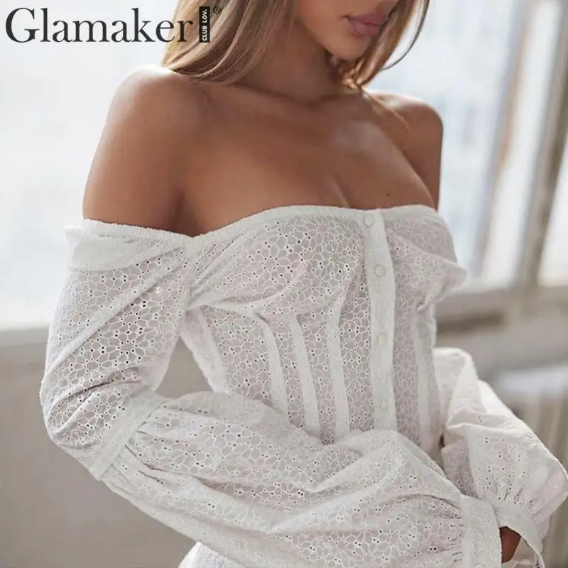 Glamaker плиссированное белое платье трапециевидной формы с открытыми плечами, женское облегающее платье с рукавами-фонариками, повседневное открытое хлопковое короткое платье