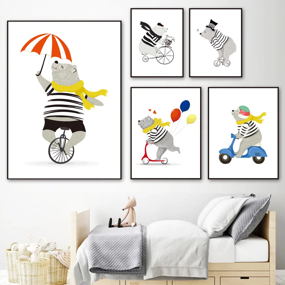 

Wall Art Canvas Painting Cute Hat Bear Bike Umbrella Motorcycle Nordic Posters And Prints Cartoon Wall Pictures For Kids Room