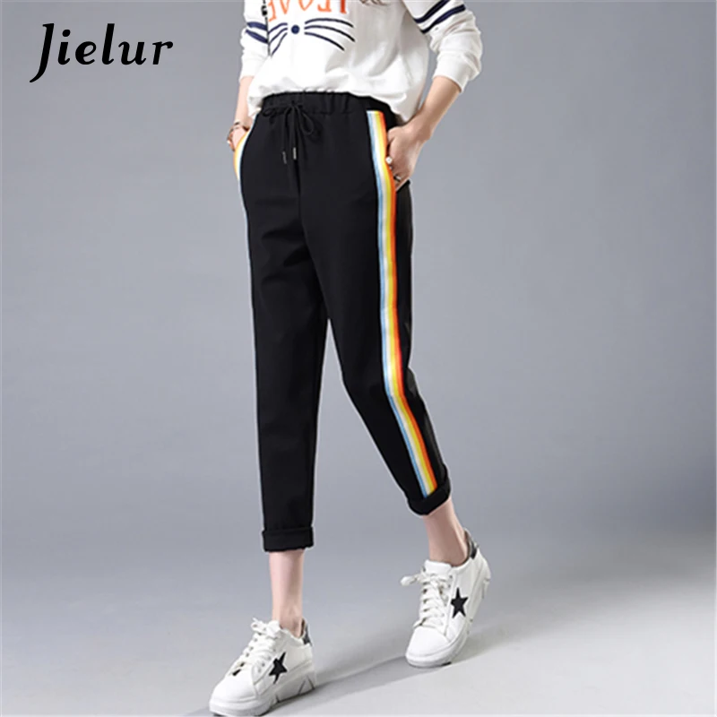 

Spring Summer Fashion Rainbow Colorful Striped Casual Pants Female Loose Elastic Waist Cool Harem Women's Pants Pockets M-2XL