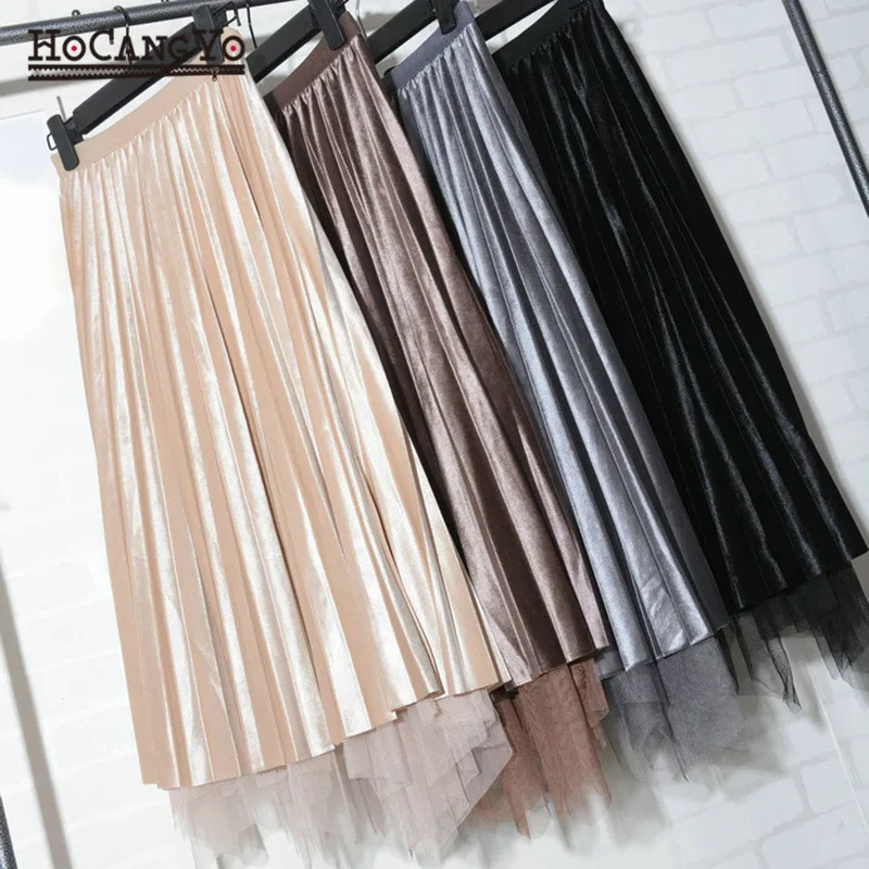 Новые весенне-осенние женские бархатные юбки с высокой талией плиссированные однотонные Юбки-миди с эластичной талией Элегантные женские длинные плиссированные юбки