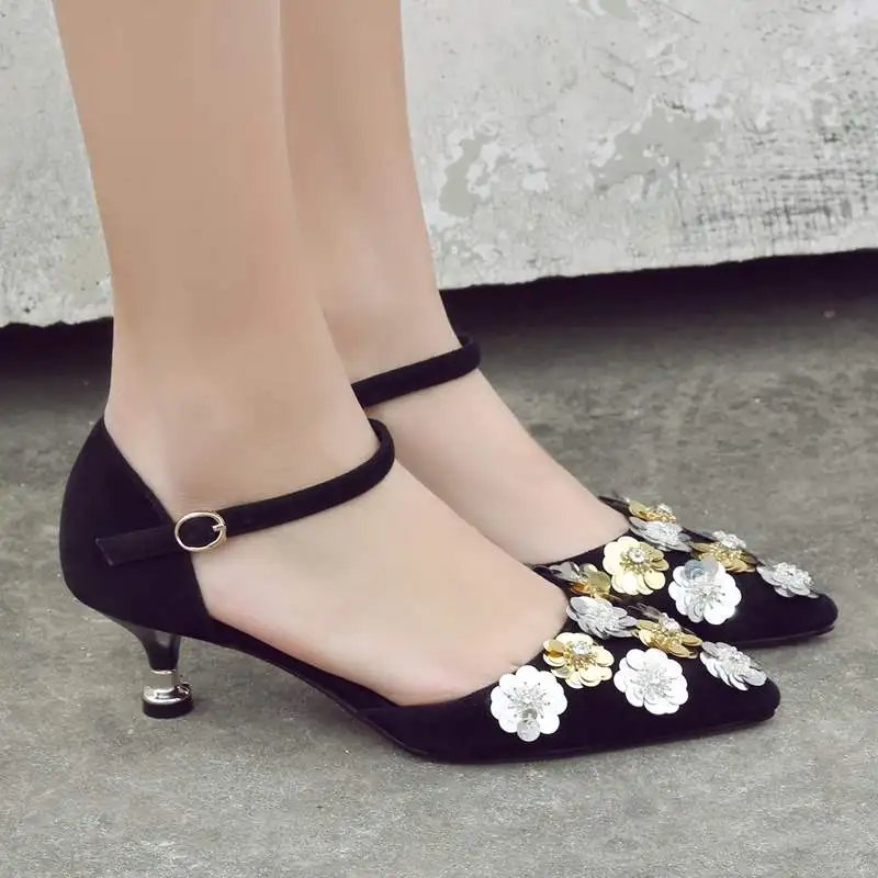 

krazing Pot New women pumps metal buckle high strange heels bling flowers pointed toe black color office lady work shoes 81