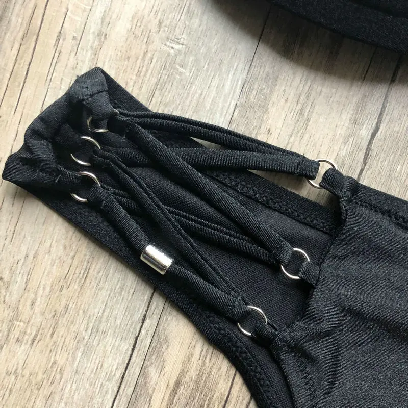 Black String Bikini Set Women Sexy Thong 2 Piece Swimsuit Solid Padded Bra Bathing Suit Women Halter Swimwear Push Up Biquini