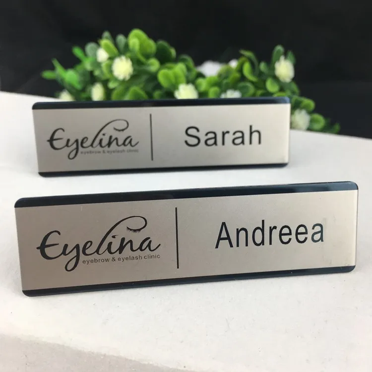 1pc custom name tag reusable badge staff laser logo metal pin badge gold with stainless steel plate 70X20mm (17)