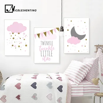 

Kawaii Pink Twinkle Star Cloud Nursery Poster Nordic Wall Art Canvas Prints Painting Picture Children Room Decoration Home Decor