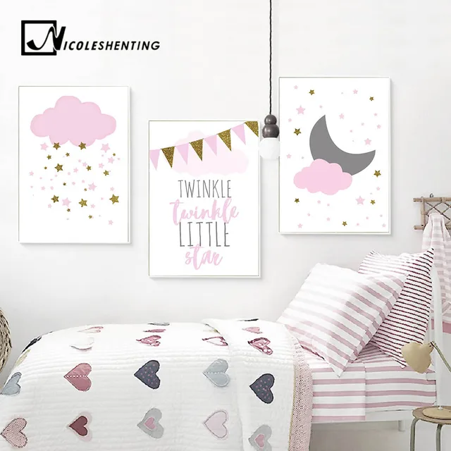Kawaii Rosa Scintillio Stella Nube Nursery Poster Nordic Arte Della Parete Stamp Kawaii Rosa Scintillio Stella Nube Nursery Poster Nordic Arte Della Parete Stamp