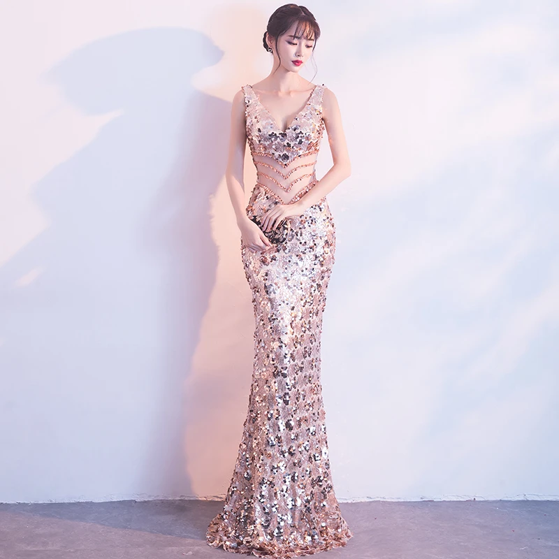 

Large Size 3XL Sleeveless Slim Women Dress Champagne Sequins Sexy Long Cheongsam Ladies Evening Party Prom Clothing Vestidos