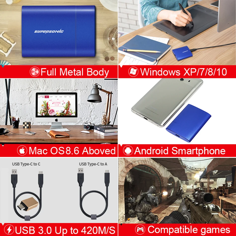 Supersonic P30 de alta velocidad de estado sólido externo 2TB 1TB 128GB 256GB 512GB full metal USB