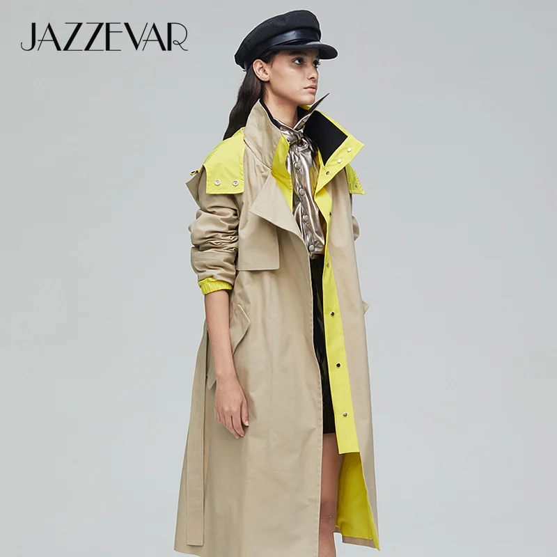 Kopen JAZZEVAR2019 Nieuwe collectie herfst trenchcoat vrouwen bovenkleding kwaliteit met een kap double breasted top lange jas vrouwen mode 9021