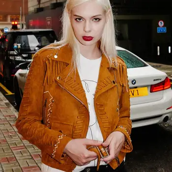 

2019 autumn new fashion brand high quality Suede Leather jackets coats Streetwear style tassel short jackets tops female gx1303