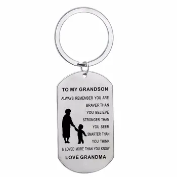 

12PC/Lot Charm Grandma Love To Grandson Keychain For Boys Family Grandmother Keyring Dog Tag Stainless Steel Inspirational Gifts