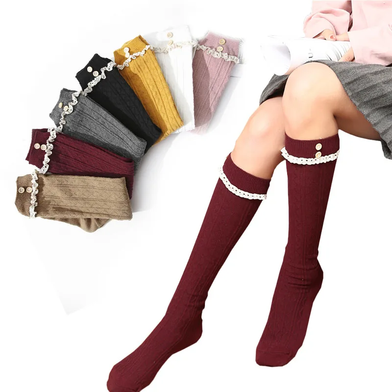 Sexy Women Socks Button Lace Long Knee Socks Japanese Sweets Knitting