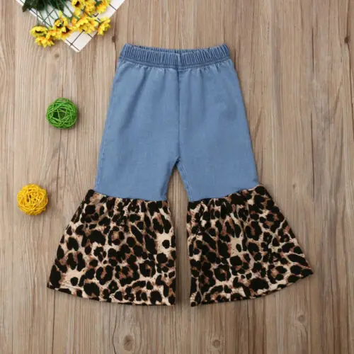 

2019 Fashion Kids Girls Leopard Print Splicing Jeans Cusual Pants