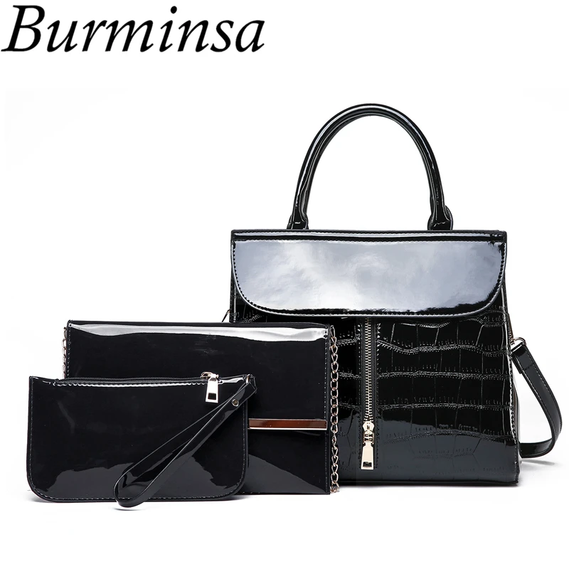 

Burminsa 3 Sets Patent Leather Bags for Mom Women Luxury Stone Handbags Female Chain Shoulder Messenger Bags Small Coin Purses