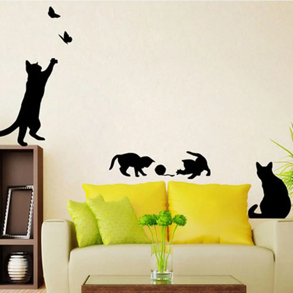 

Cat Catching Butterfly Playing With Ball Wall Sticker DIY Vinyl Removable Wall Decal Applique For Home Stairway Bedroom Decor